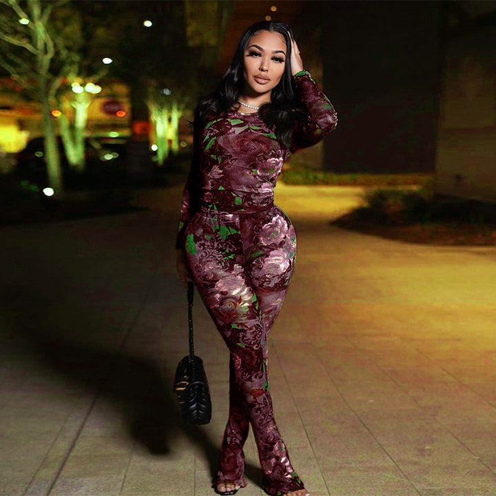 Floral Mesh Printed Long Sleeve Two Piece Set