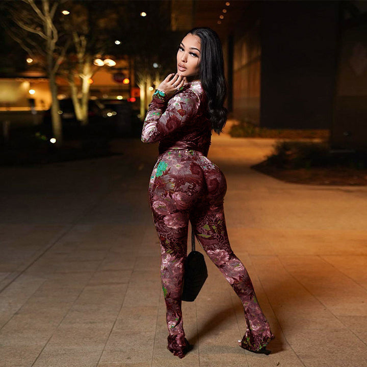 Floral Mesh Printed Long Sleeve Two Piece Set