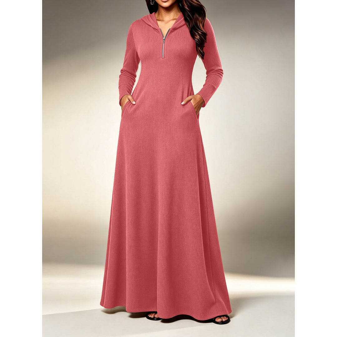 Women’s Knitted Long Sleeve Maxi Dress – with Half-Zip Neck