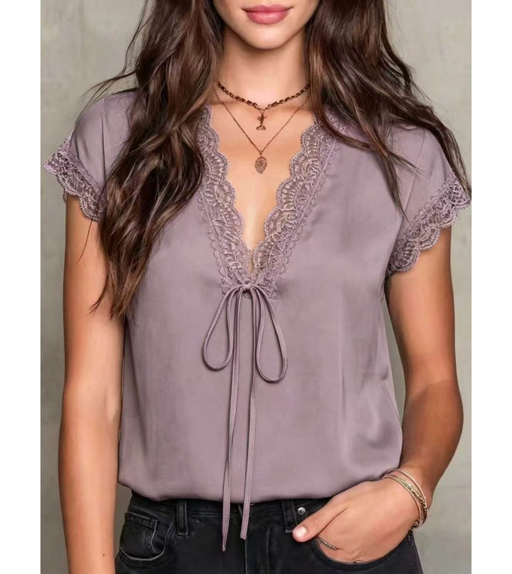 Women’s Lace Trim Satin Blouse – V Neck Short Sleeve Tie Front Top