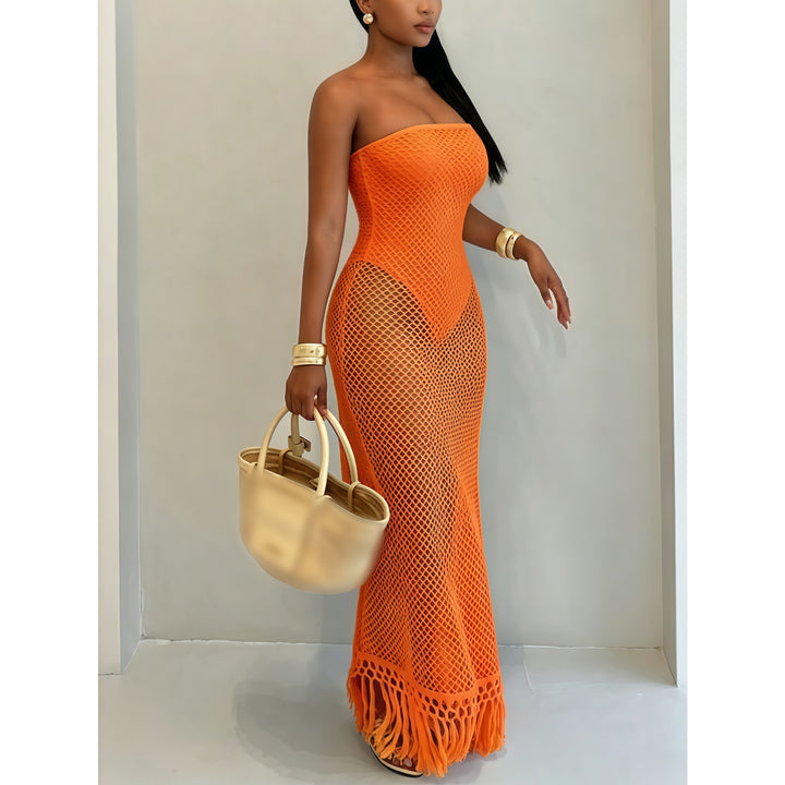 Women's Summer Beach Crochet Mesh Fringe Dress - Fake Two-Piece Design