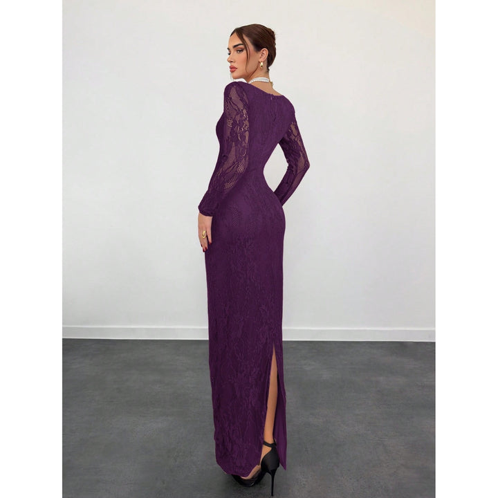 Women’s Lace Maxi Dress – Square Neck Long Sleeve Bodycon Dress
