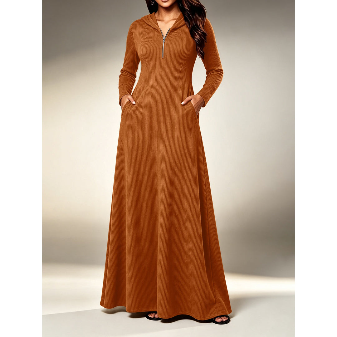Women’s Knitted Long Sleeve Maxi Dress – with Half-Zip Neck