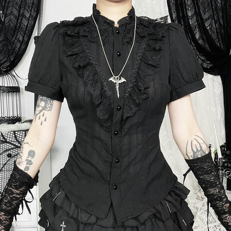 Women’s Gothic Ruffle Blouse – Slim Fit Lace Trim Shirt