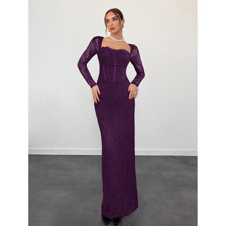 Women’s Lace Maxi Dress – Square Neck Long Sleeve Bodycon Dress