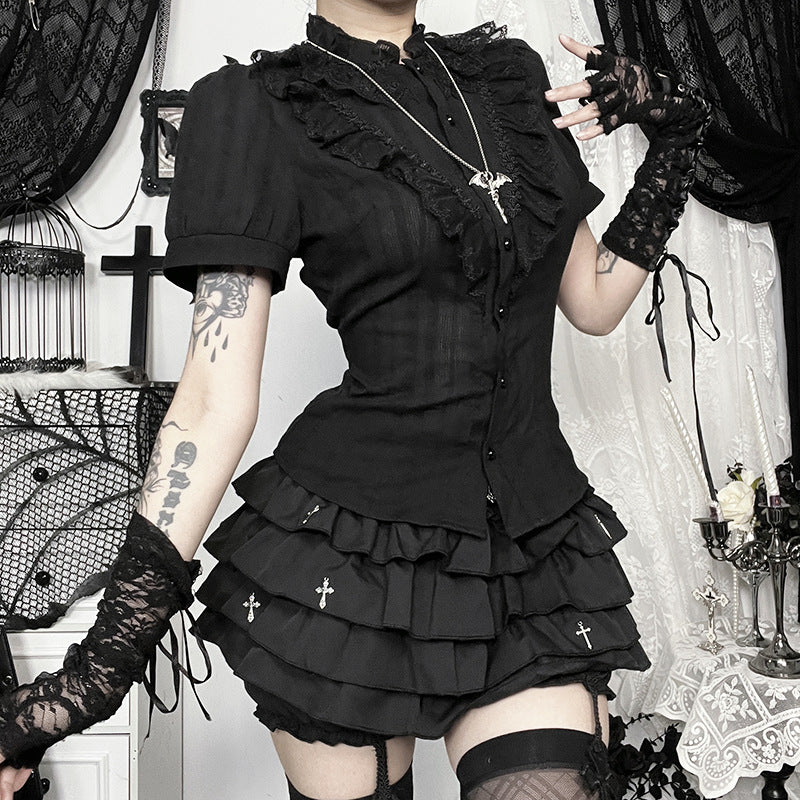 Women’s Gothic Ruffle Blouse – Slim Fit Lace Trim Shirt