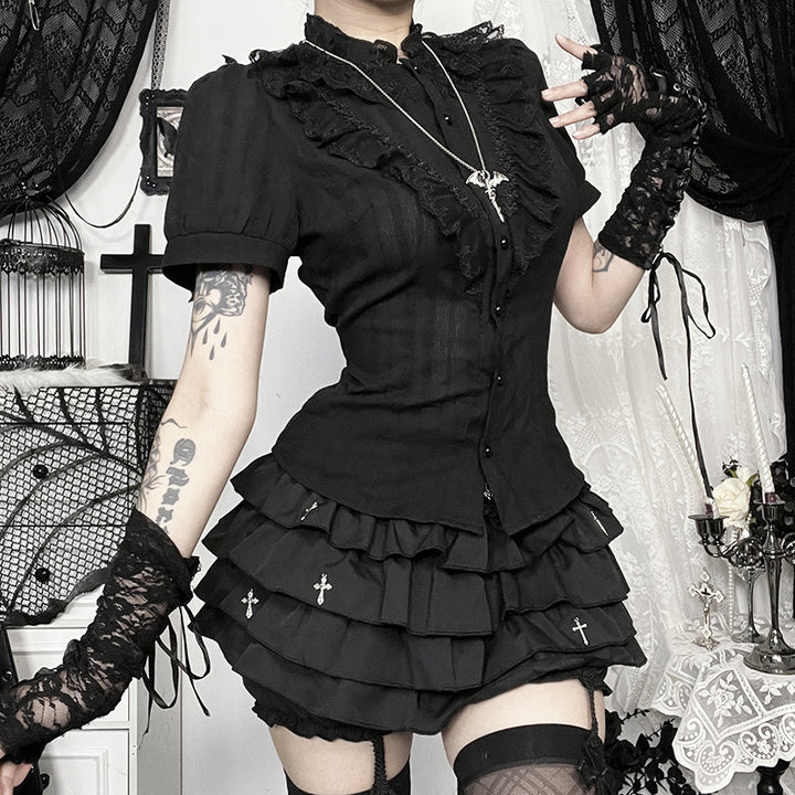 Women’s Gothic Ruffle Blouse – Slim Fit Lace Trim Shirt