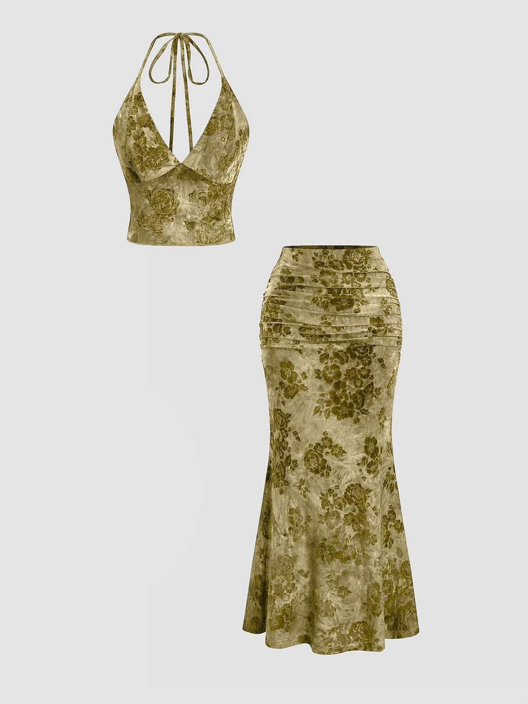 Halter Crop Top & Drawstring Mermaid Maxi Skirt Matching Summer Outfit