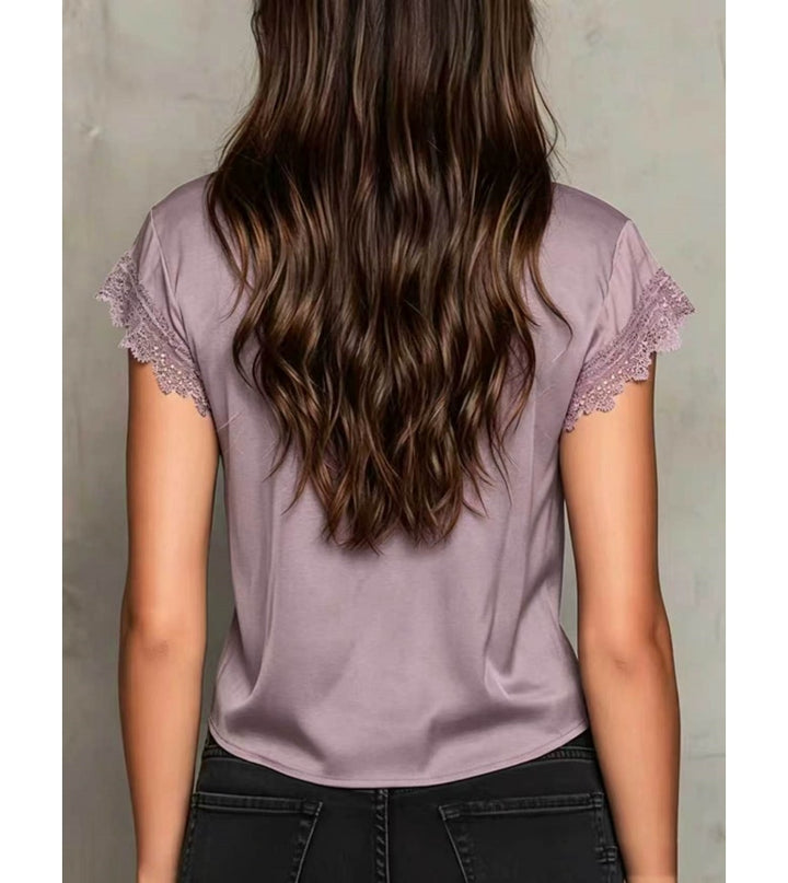 Women’s Lace Trim Satin Blouse – V Neck Short Sleeve Tie Front Top