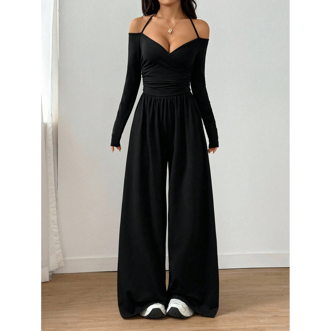 Women’s V Neck Tie Front Jumpsuit –  Elegant Casual One Piece Outfit