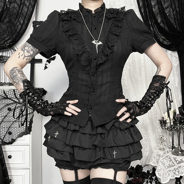 Women’s Gothic Ruffle Blouse – Slim Fit Lace Trim Shirt
