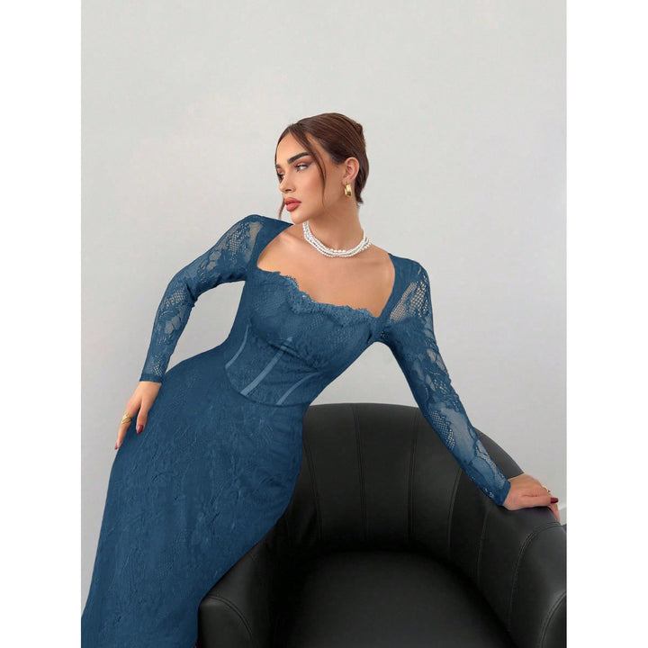 Women’s Lace Maxi Dress – Square Neck Long Sleeve Bodycon Dress