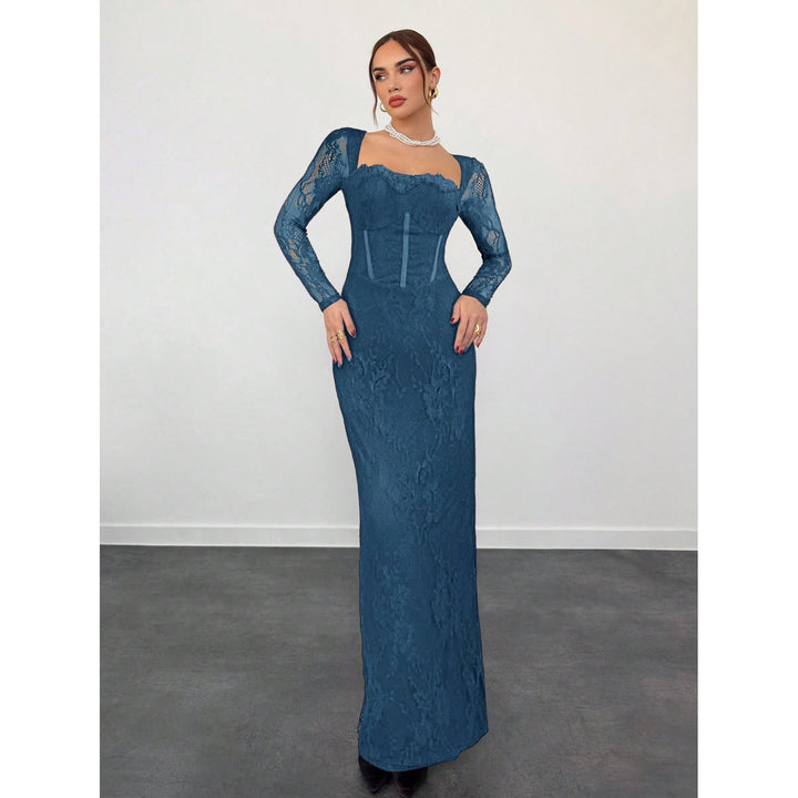 Women’s Lace Maxi Dress – Square Neck Long Sleeve Bodycon Dress