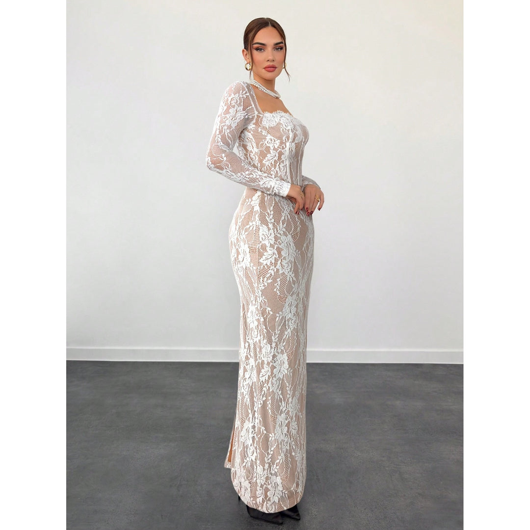 Women’s Lace Maxi Dress – Square Neck Long Sleeve Bodycon Dress