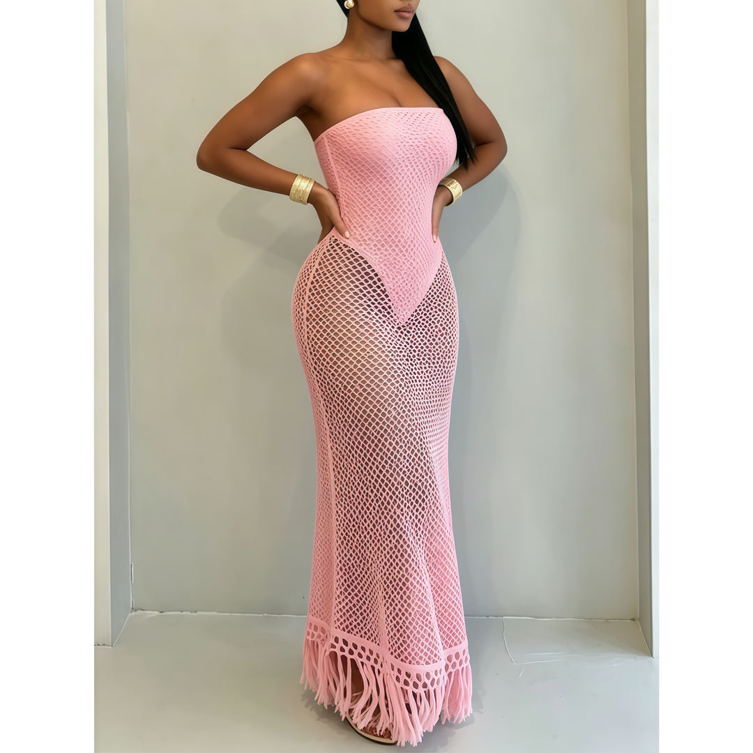 Women's Summer Beach Crochet Mesh Fringe Dress - Fake Two-Piece Design