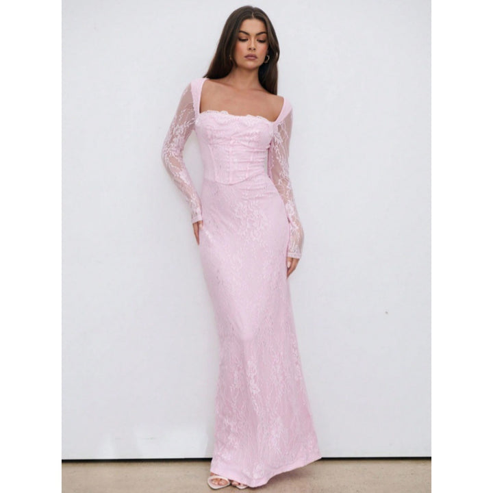 Women’s Lace Maxi Dress – Square Neck Long Sleeve Bodycon Dress
