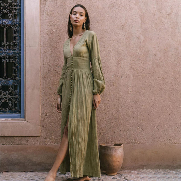 Women’s Vintage French V-Neck Waist-Defined Pleated Maxi Dress（S-5XL)