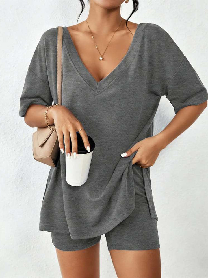 Casual Matching Outfit - Stretchy Deep V Neck Loose Fit Top & Pocket Shorts