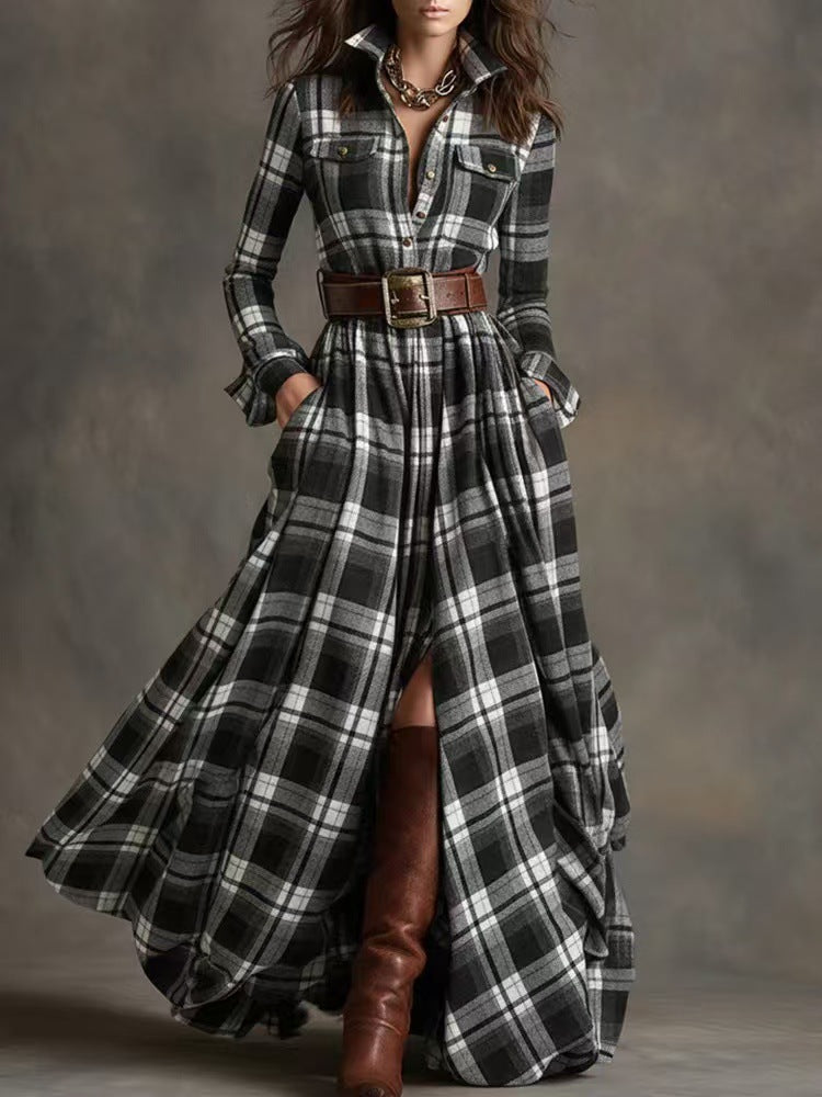 French Vintage Plaid Maxi Dress