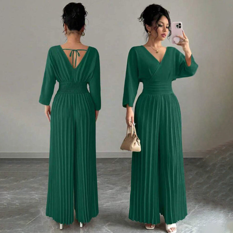 Women’s Elegant V-Neck Pleated Wide Leg Jumpsuit