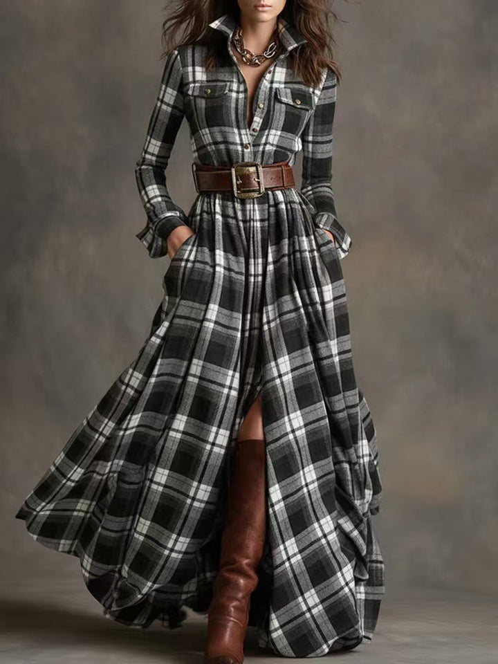 French Vintage Plaid Maxi Dress