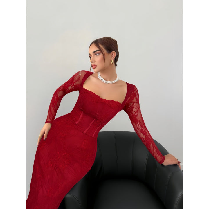 Women’s Lace Maxi Dress – Square Neck Long Sleeve Bodycon Dress