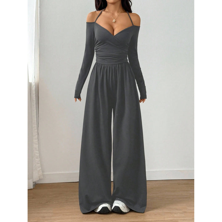 Women’s V Neck Tie Front Jumpsuit –  Elegant Casual One Piece Outfit