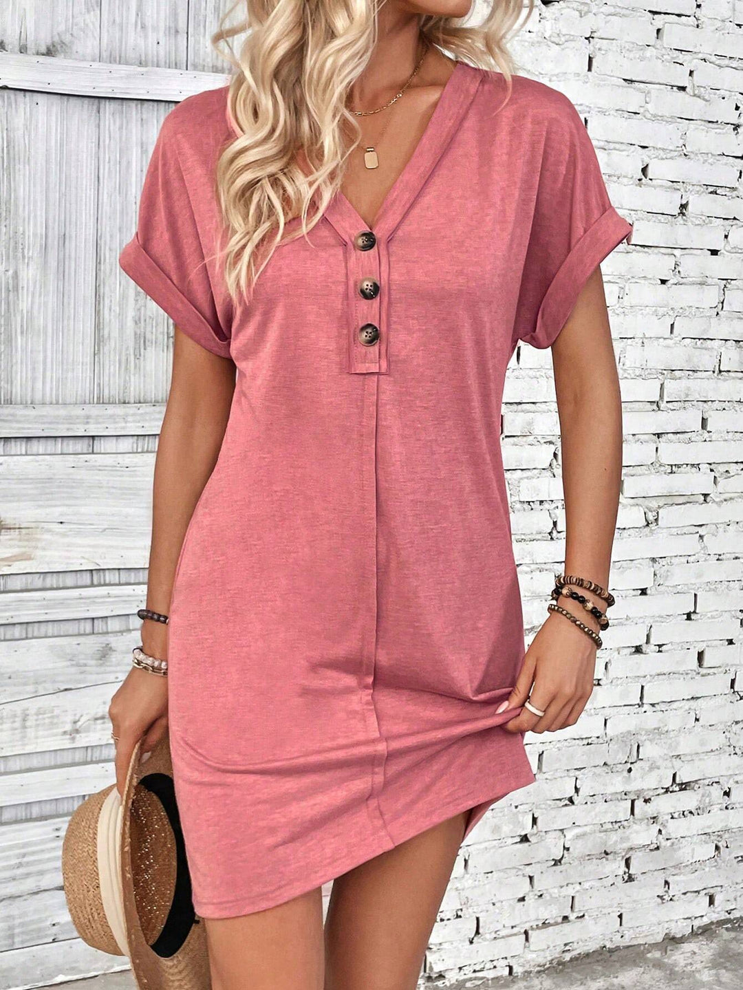 Women’s Button Front V Neck Mini Dress