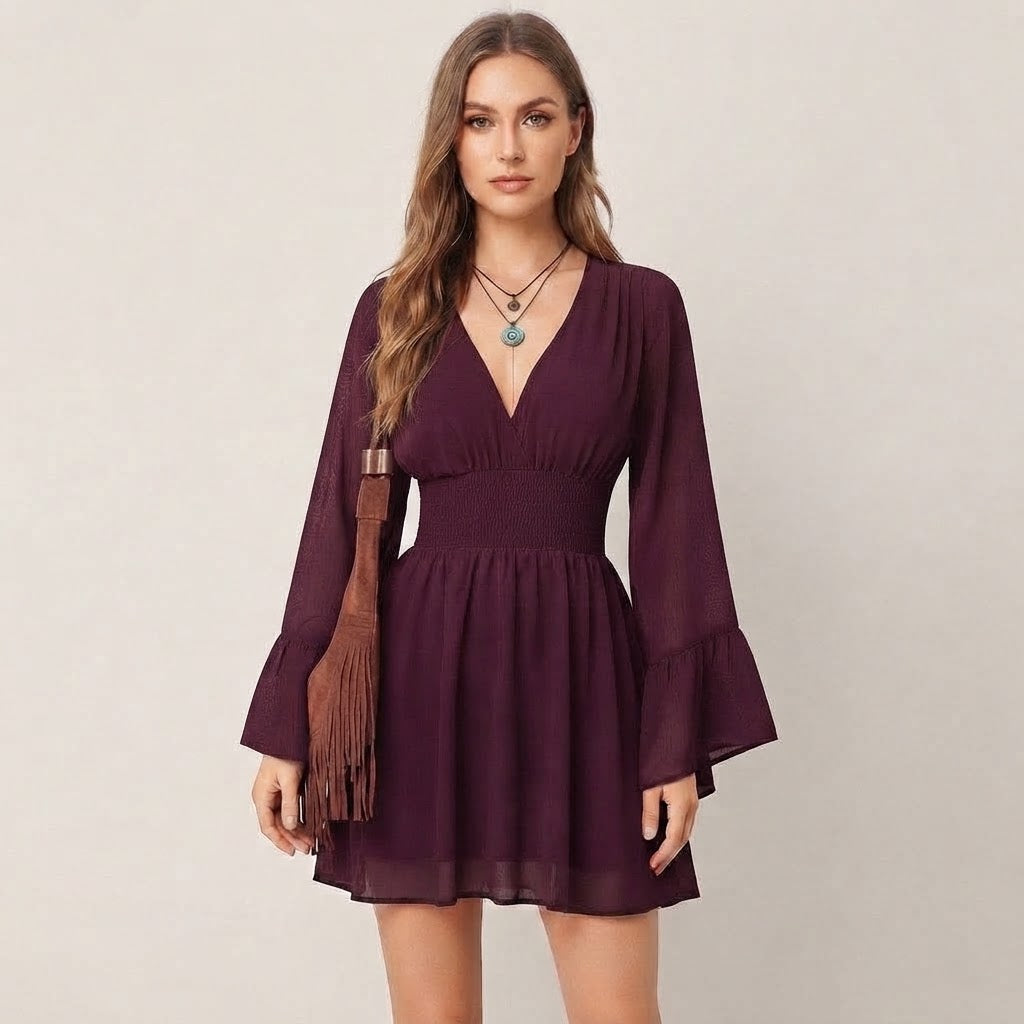 Women’s V-Neck Mini Dress – Long Flare Sleeve Smocked Waist