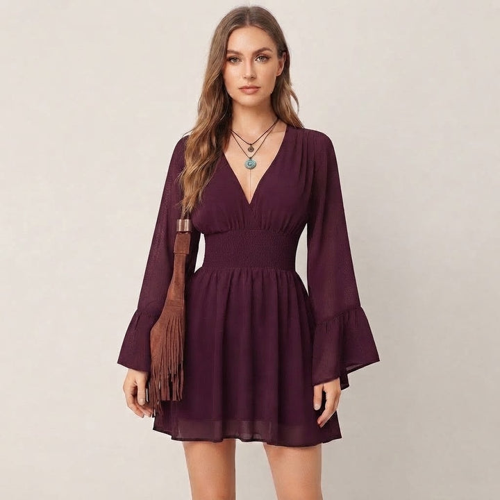 Women’s V-Neck Mini Dress – Long Flare Sleeve Smocked Waist