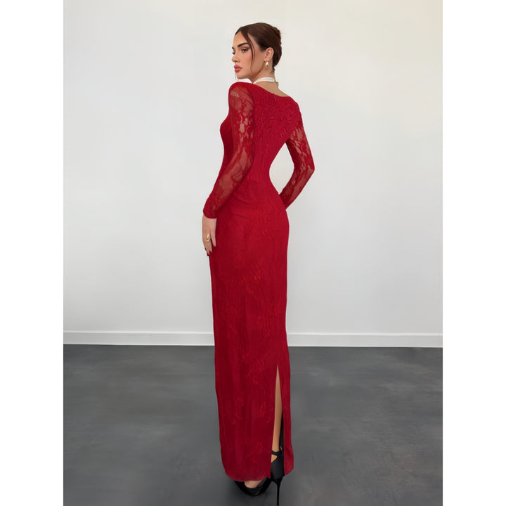 Women’s Lace Maxi Dress – Square Neck Long Sleeve Bodycon Dress
