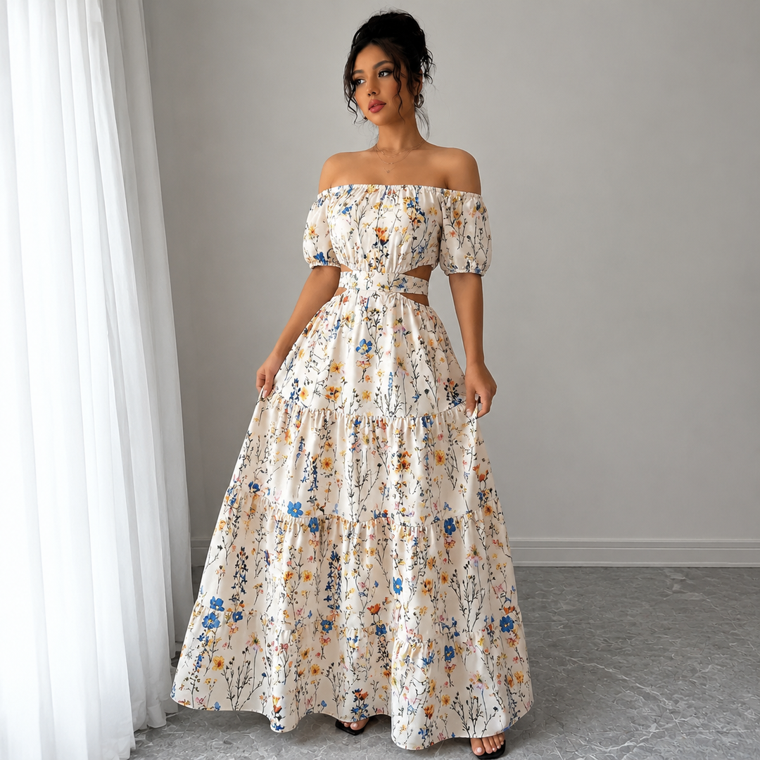 Boho Off-Shoulder Embroidered Maxi Dress