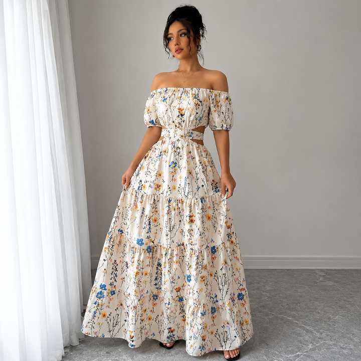 Boho Off-Shoulder Embroidered Maxi Dress