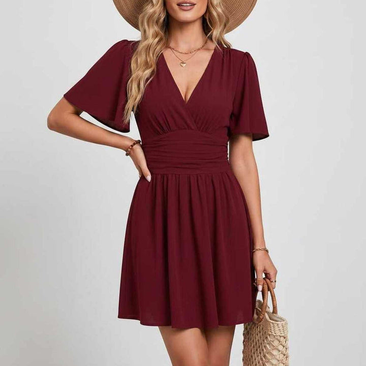 Elegant Deep V-Neck Ruffle Sleeve Mini Dress