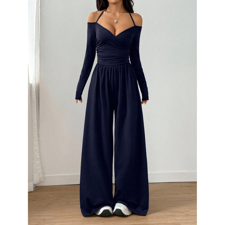 Women’s V Neck Tie Front Jumpsuit –  Elegant Casual One Piece Outfit