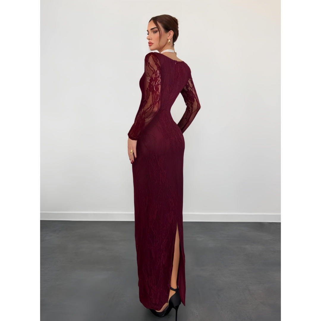 Women’s Lace Maxi Dress – Square Neck Long Sleeve Bodycon Dress