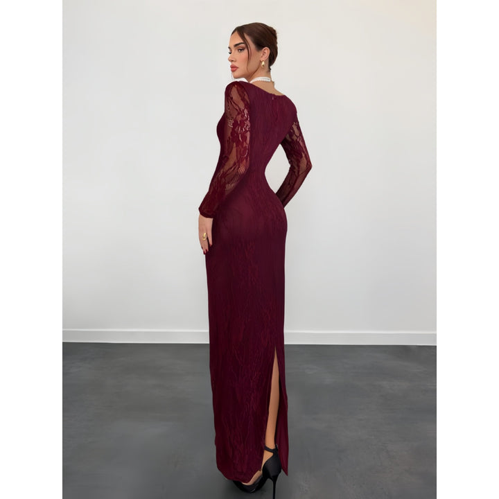 Women’s Lace Maxi Dress – Square Neck Long Sleeve Bodycon Dress