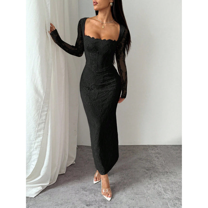 Women’s Lace Maxi Dress – Square Neck Long Sleeve Bodycon Dress