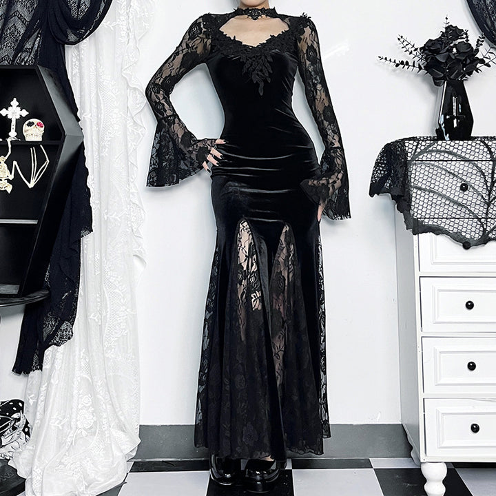 Dark Gothic Lace Mermaid Maxi Dress – Long Sleeve Bodycon Dress