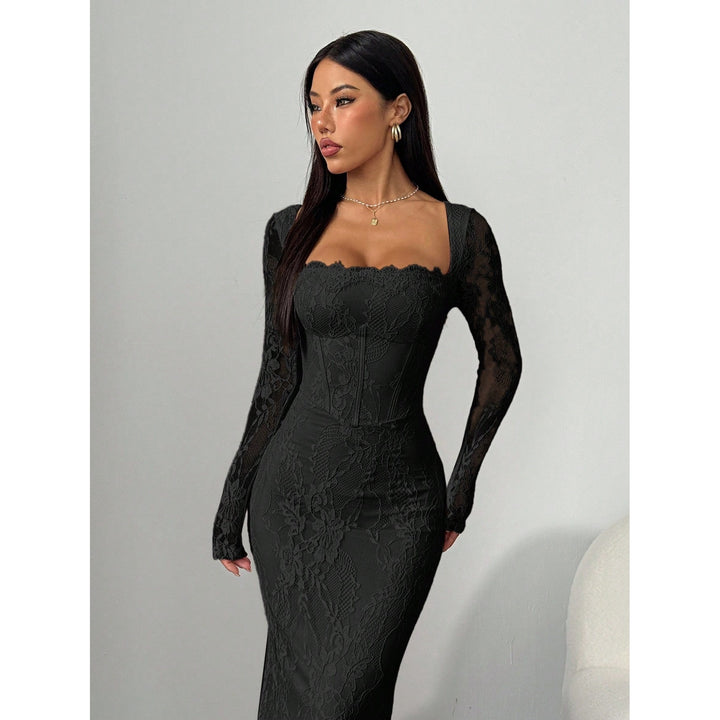 Women’s Lace Maxi Dress – Square Neck Long Sleeve Bodycon Dress