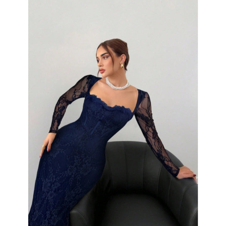 Women’s Lace Maxi Dress – Square Neck Long Sleeve Bodycon Dress