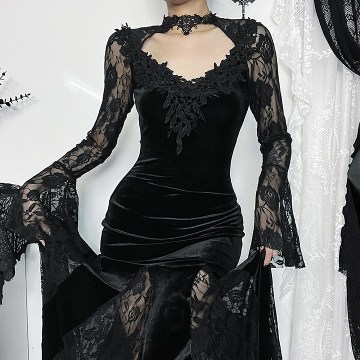 Dark Gothic Lace Mermaid Maxi Dress – Long Sleeve Bodycon Dress