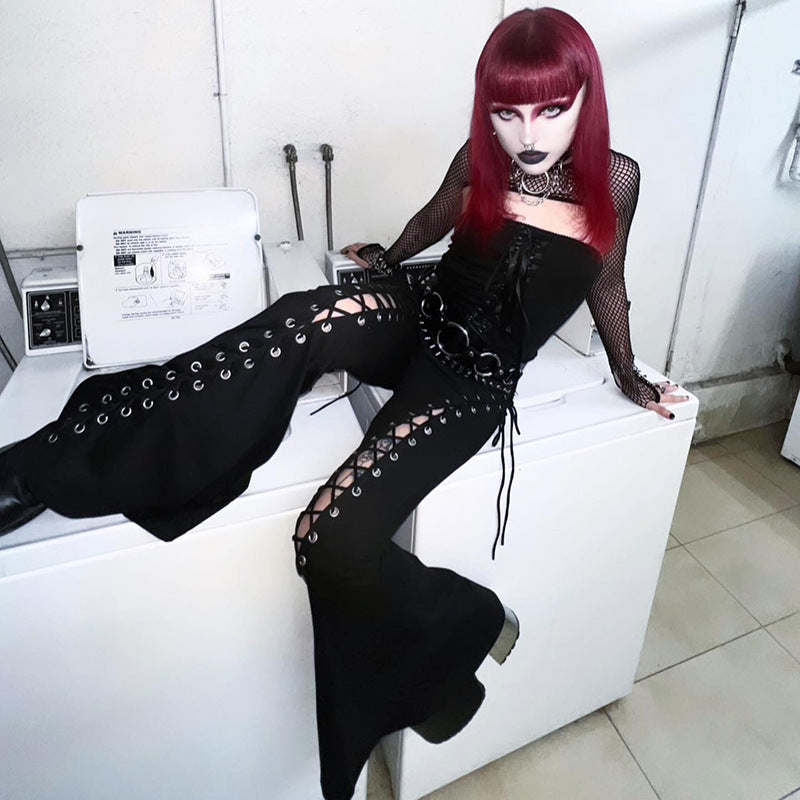 Women’s Lace Up Flare Pants – Y2K Gothic Wide Leg Bell Bottom