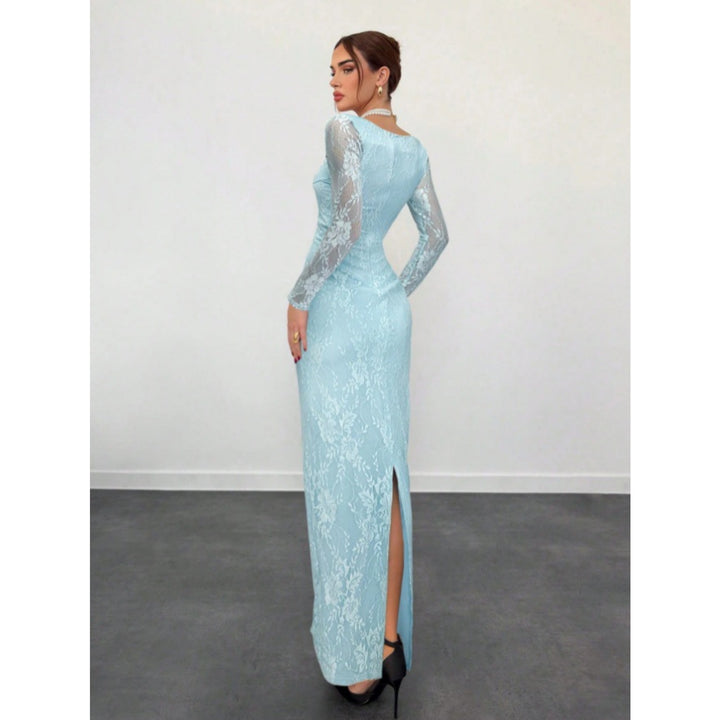 Women’s Lace Maxi Dress – Square Neck Long Sleeve Bodycon Dress
