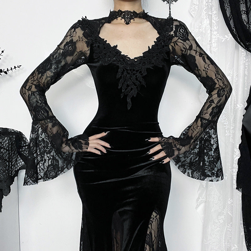 Dark Gothic Lace Mermaid Maxi Dress – Long Sleeve Bodycon Dress