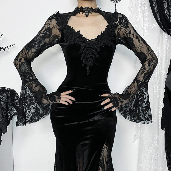 Dark Gothic Lace Mermaid Maxi Dress – Long Sleeve Bodycon Dress