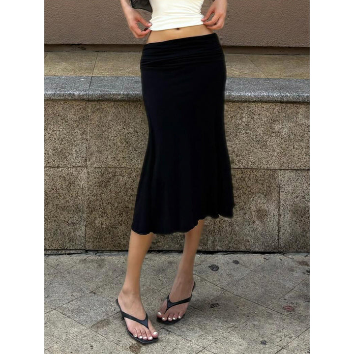 Women’s Ruched Mermaid Midi Skirt – Low-Rise Slim-Fit Bodycon Skirt with Flared Hem