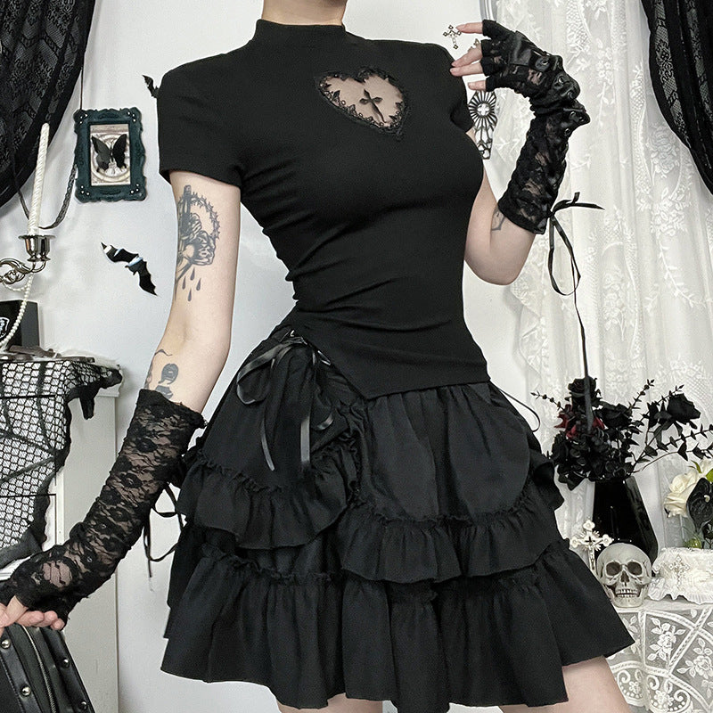 Women’s Gothic Cross Cutout T-Shirt – Slim Fit Cropped Top
