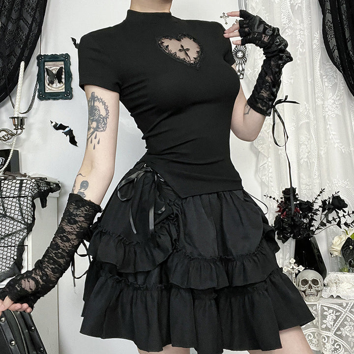 Women’s Gothic Cross Cutout T-Shirt – Slim Fit Cropped Top