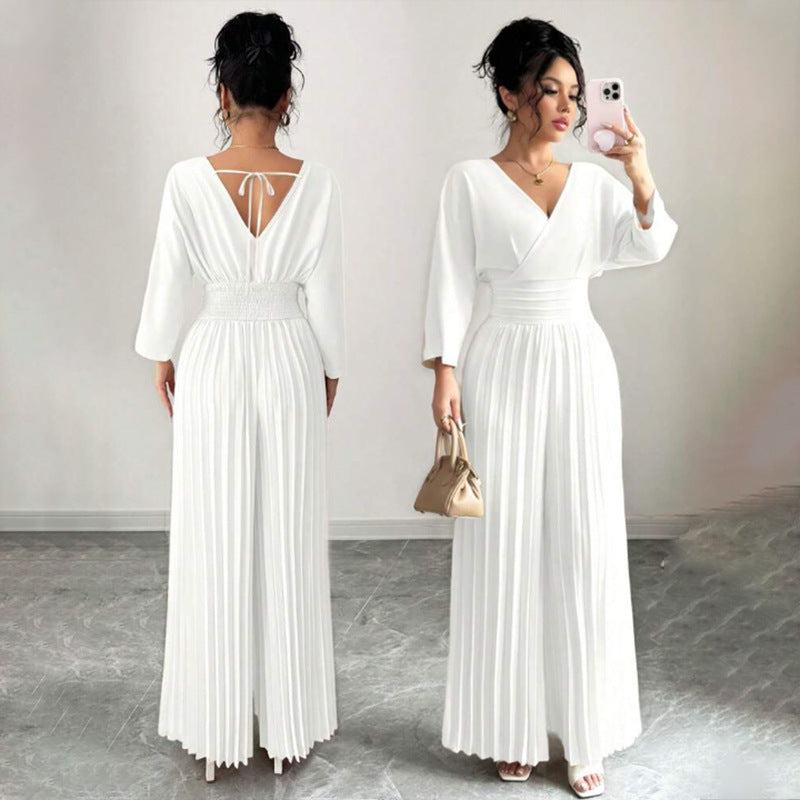 Women’s Elegant V-Neck Pleated Wide Leg Jumpsuit